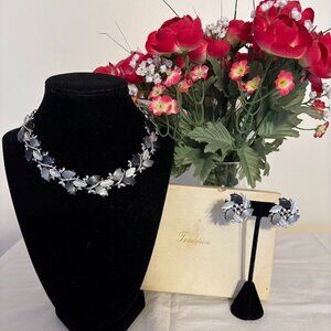 Vintage Gray and Silver Necklace (15") with clip Earrings and Original Box